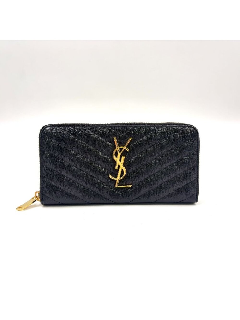 Saint Laurent Paris YSL Logo Monogram Matelasse Stitch Leather Black Round Zip